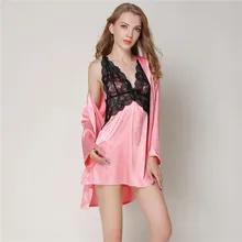 Женская Сексуальная атласная Женская пижама с кружевом Ночное Платье Пижама-халат комплект пижамы нижнее белье кимоно ночное белье халат De Nuit Femme