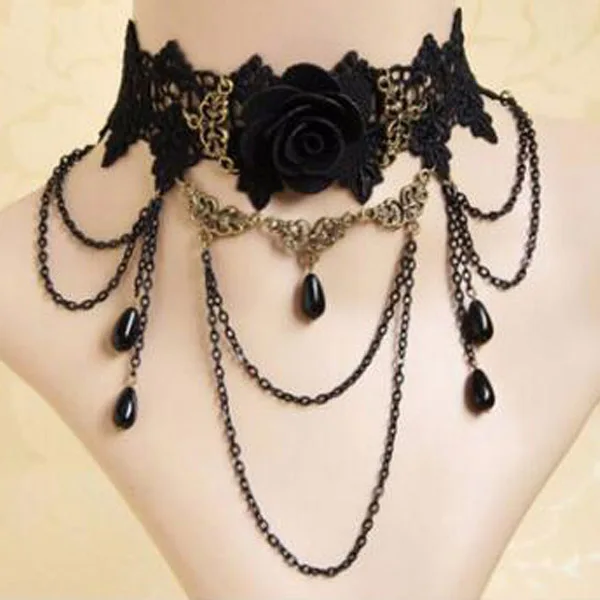 Collares Sexy Gothic Chokers Crystal Black Lace Neck Choker Necklace V