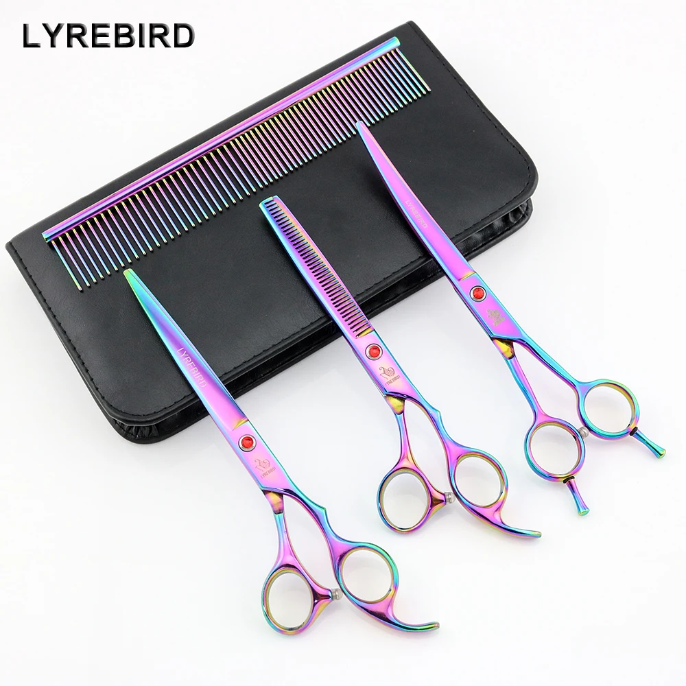 

Pet Dog grooming scissors 7 INCH cutting 6.5 INCH thinning 7 INCH curved+Comb+bag Black Blue Red Rainbow Silvery LYREBIRD NEW