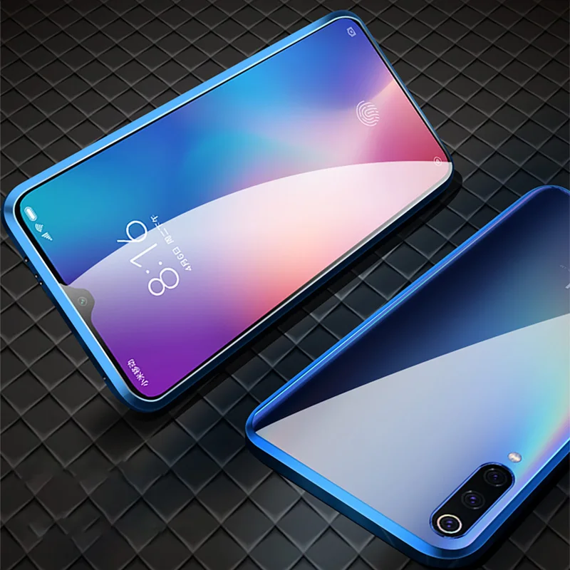 Металлический магнитный адсорбционный чехол для Xiaomi 9 8 SE Mi 8 Lite F1 Redmi 7 6A 6X Note 7 6 5 Pro, чехол из закаленного стекла на магните - Цвет: Синий