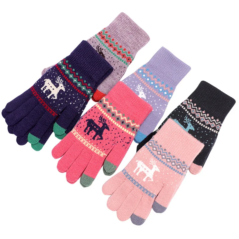 Женские милые вязаные перчатки с лосем, оленем, снежинками, зимние перчатки на полный палец, рукавицы женские перчатки с сенсорным экраном, рождественский подарок