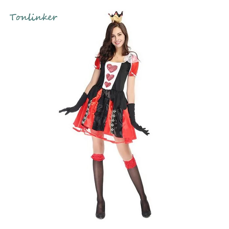 

Halloween Costumes Adult Womens Poker Red Heart Queen Costume Dress Carnival Party Queen Game Costumes Headwear+Skirt+Gloves