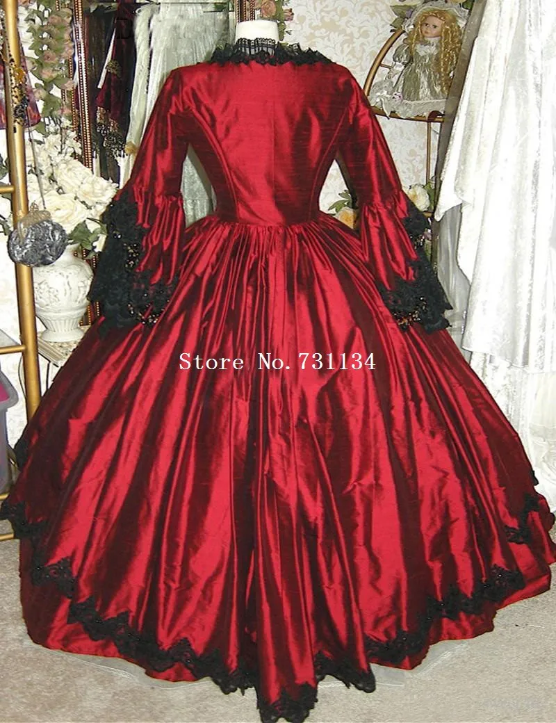 19-й век красное вино Marie Antoinette Ренессанс вампир готический викторианская эпоха платья Атласное Бальное Платье реконструкторские костюмы