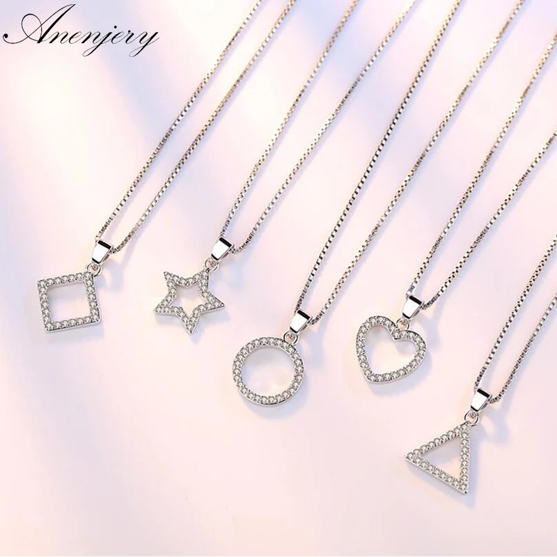 

Anenjery 5 Modle 925 Sterling Silver Crystal Zircon Star Heart Circle Square Pendant Necklace For Women Match 45cm Box Chain