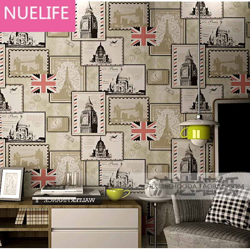 

0.53x10m European-style ancient architecture restaurant hotel personality wallpaper nostalgic stamp flag pattern wallpaper