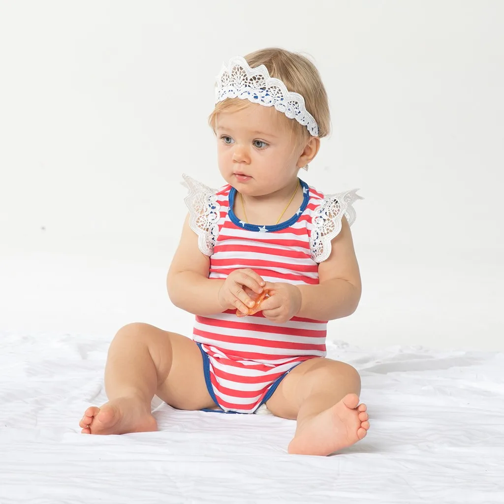 Летняя детская одежда для девочек 0 M-24 M 4th из Июльские наряды без рукавов для девочек звезды в полоску комбинезон с принтом + набор повязок