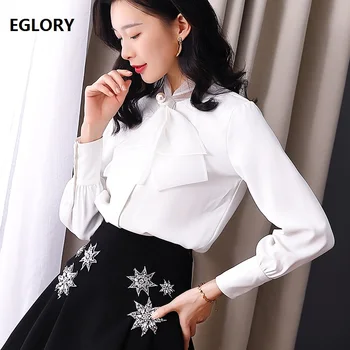 

High Quality Blouse 2019 Spring Summer Fashion White Black Blouse Women Beading Bow Patchwork Long Sleeve Shirt Blusas Feminino