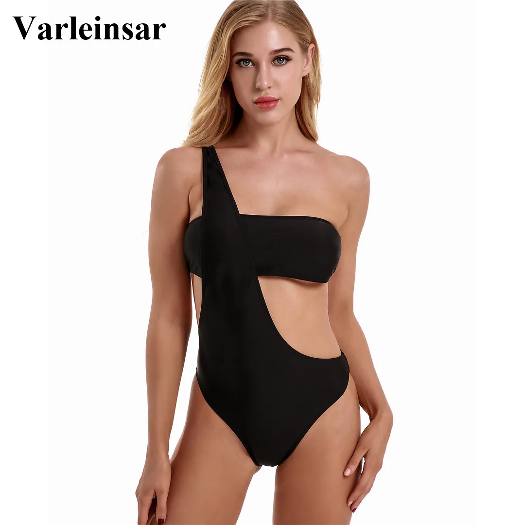 

Sexy Black White One Shoulder One Piece Swimsuit Women Swimwear Female 2019 Bather Bathing Suit Swim Wear Body Suit Lady V858