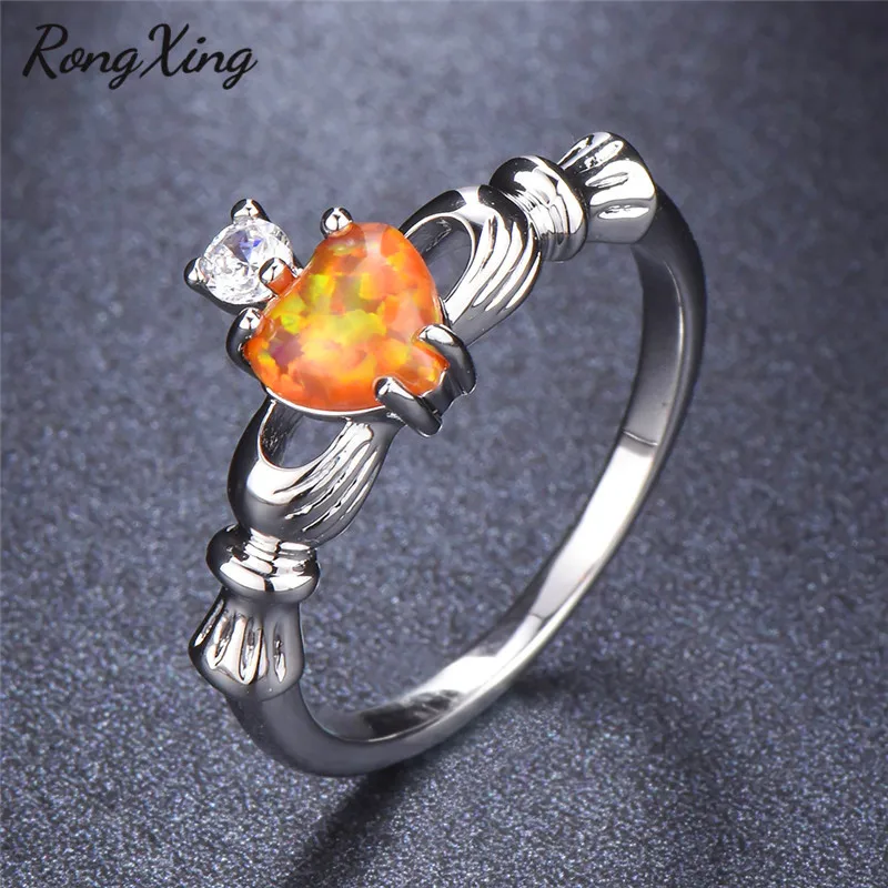 RongXing серебряный цвет оранжевый огненный опал сердце клодаги кольца для женщин