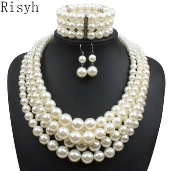 

Risyh Fashion exaggerated pearl beaded three-piece suit Multilayer pearl ladies necklace