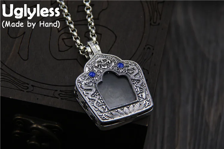 

Uglyless Real S925 Thai Silver Buddhism Gaudencio Box Pendants Unisex Transparent Tibetan Thangka Jewelry Carved Dragons Bijoux
