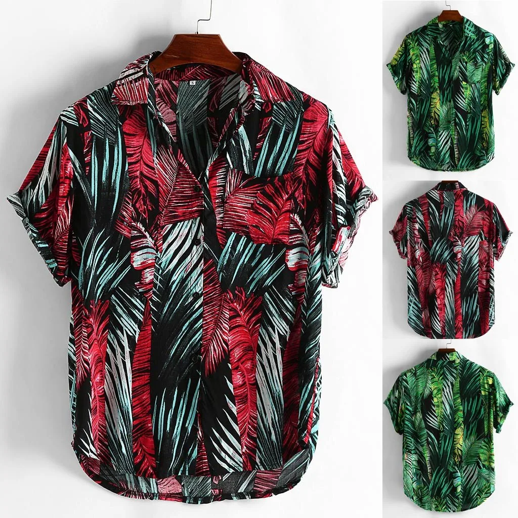 Fashsiualy Mens Printed Hawaiian Loose Beachwear Short Sleeve Casual Buttons Shirt camisa masculina