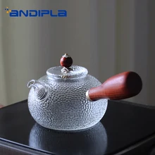 370 мл японский стиль Творческий из натурального дерева ручка термостойкий прозрачный стеклянный чайник вареный чайник Уникальная текстура кофейник