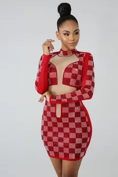 

Stand collar hot drilling slim high-end long-sleeved sexy dress