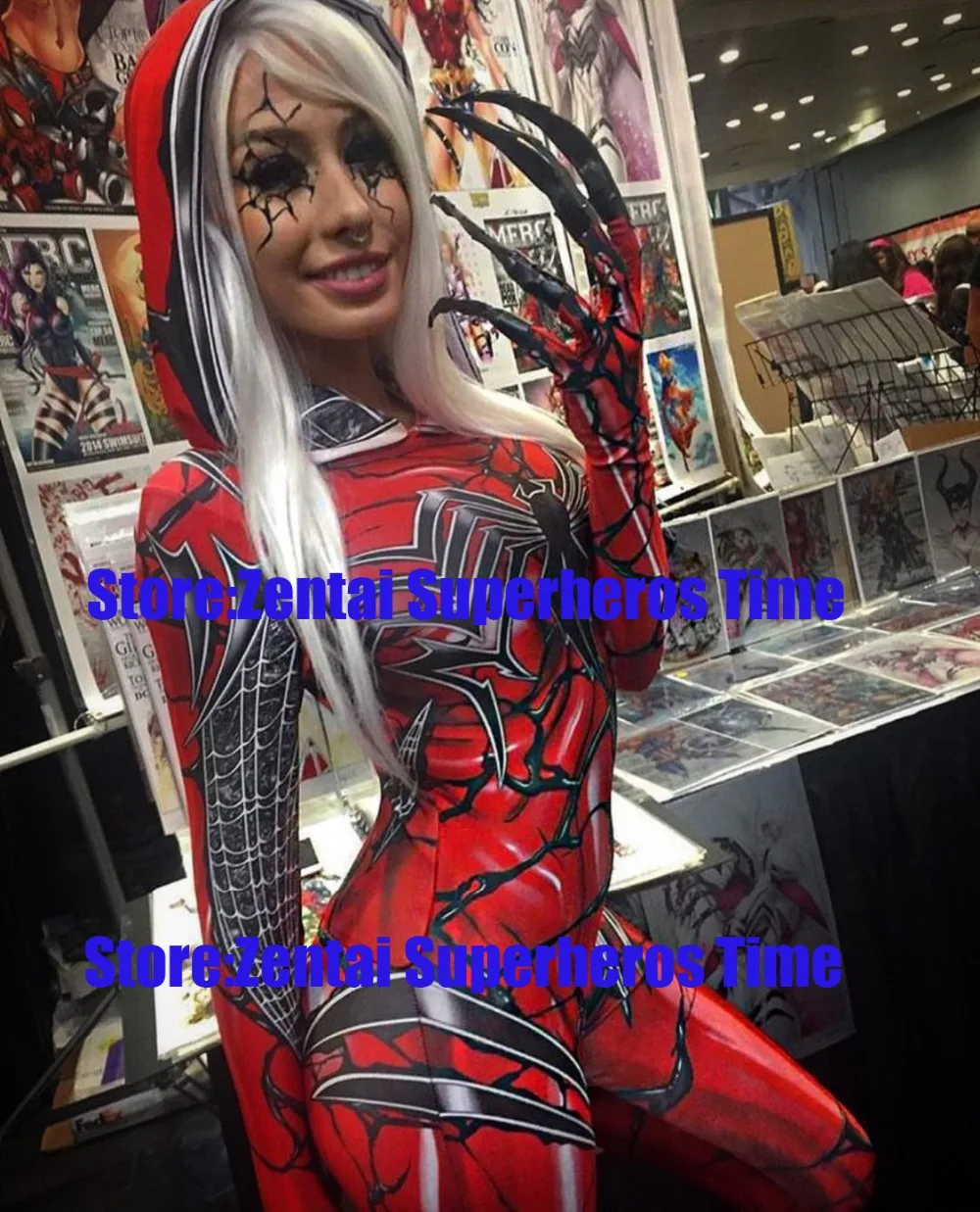 

Carnage Gwen Spider Dye-sub Printing Suit Gwen Stacy Red Venom Gwen Carnage Costume Cosplay Symbiote Spiderman Suit, No Lenses