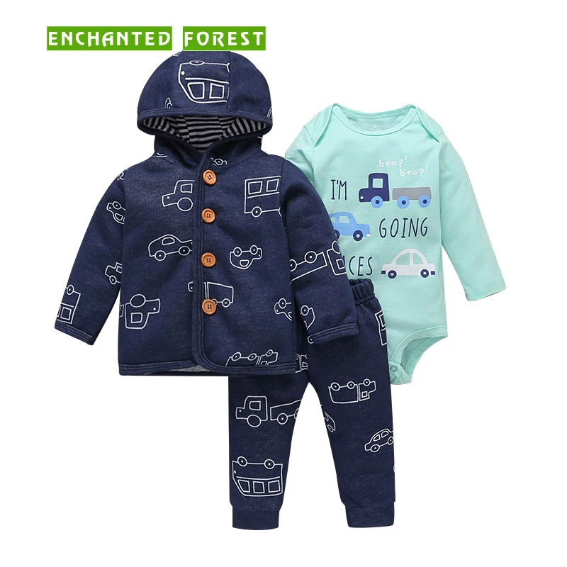 

Baby Sets 2019 spring and autumn wild baby boy boys and girls striped cartoon trousers long sleeve hooded three-piece Baby suit