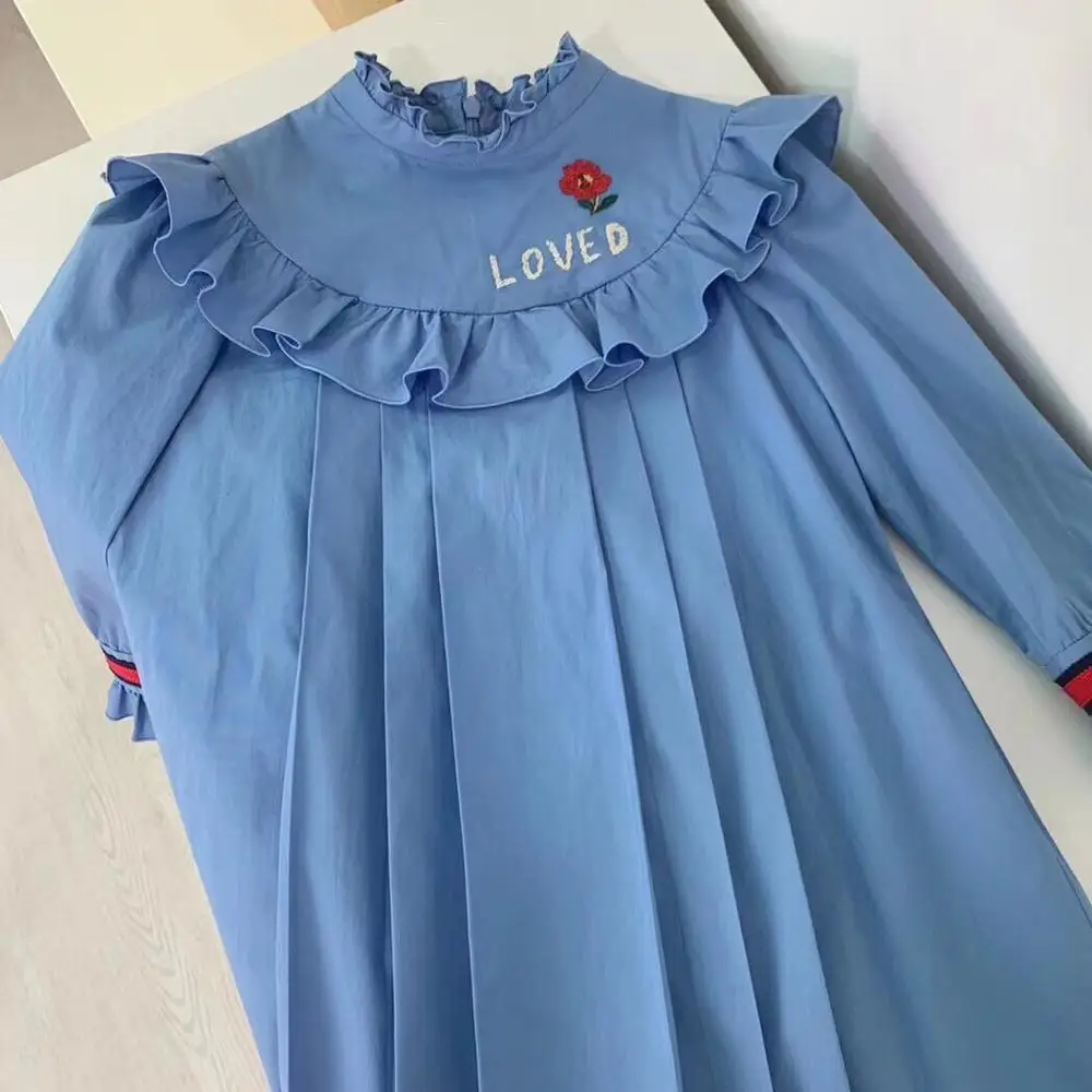 

90-150cm Princess Cute Girls Ruffle Cotton Dress New Arrivals Denim Blue Long Sleeve Soft Dresses for Baby Girls