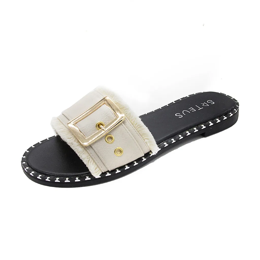

SAGACE Women Slippers 2019 Summer Fashion Flat-Bottom Slippers Leisure Solid Open-Toe Square Buckle Sandals Beach Shoes Mar28
