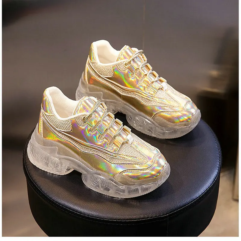 

New High Quality Woman Femme crystal Bling gold silver Sneakers Platform Casual Footwear Increase 5.5CM Trainers Shoes PA-44