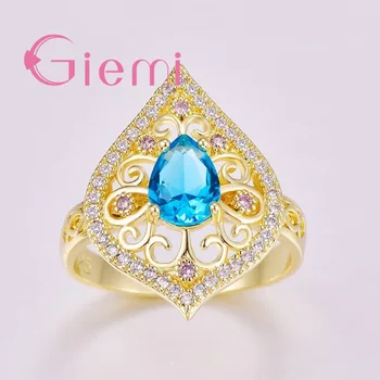 

Retro 2019 New Arrival Colorful Waterdrop CZ Zircon Ring Elegant 925 Sterling Silver Blue Rainbow Wedding Cocktail Ring Party