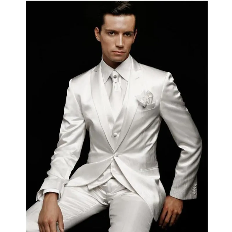 

The latest Mens Suits White Wedding Suits For Men Peaked Lapel Tuxedos One Button Groom Suits custom (jacket+pants+vest)