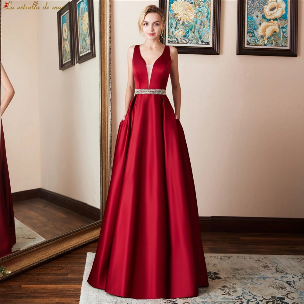 Vestido de madrinha de casamento longo 2019 новые сексуальные с v-образным вырезом атласные хрустальные пояса линия бордовые платья для подружки невесты Плюс