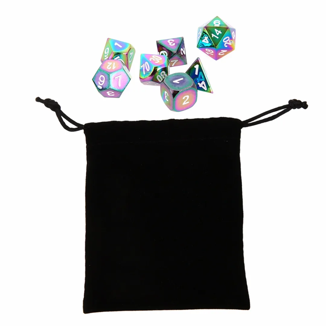 Goedkoop 7 stks set Nieuwe Rainbow Polyhedral Dices Set DND RPG MTG Rollenspel Board Game Kleurrijke Zinklegering Dobbelstenen met tas