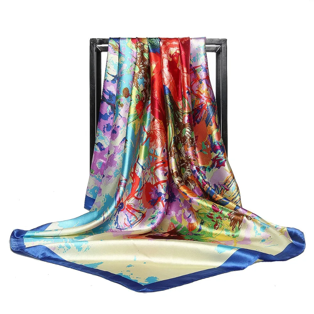 2018 Spring Summer Fashion Square Scarf Women Simple Flower Hijab Foulard Luxury Brand Head Scarves 90*90cm Shawl Wraps | Аксессуары для