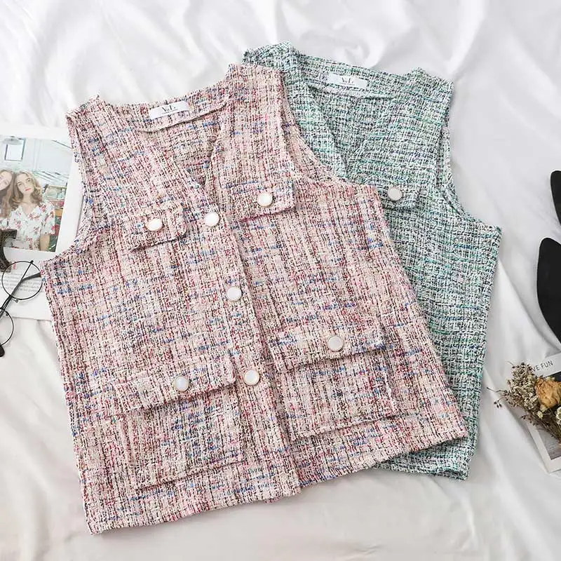 

Women's Tank Tops V Neck Sleeveless Pockets Vintage Korean Summer Vests 2019 Autumn Fashion New Casual Loose Single Breasted Top
