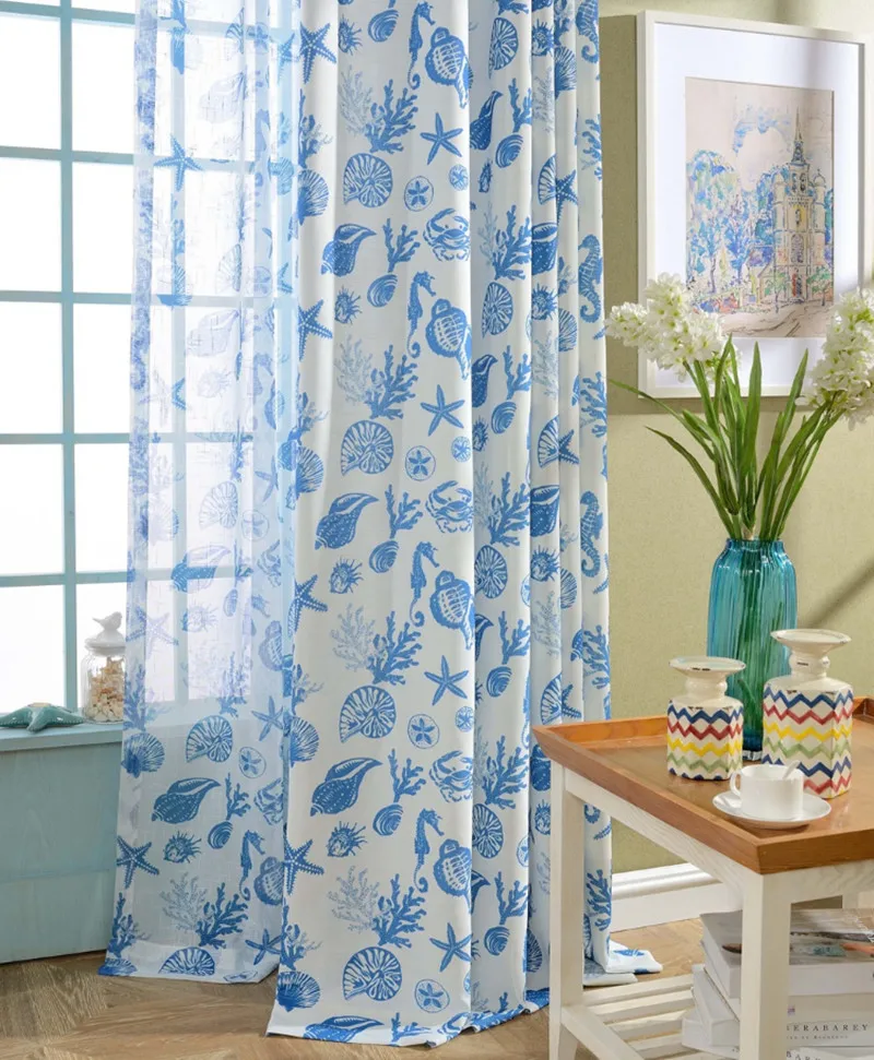 

Curtain printed fabrics, fresh marine style. Light shielding. Fabric drape.