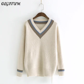

2019 Spring/Autumn New Stitch Pullover Sweater Women Casual Simple V-neck Pullover Fashion Loose Sweater Sweet Top 3 colors