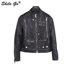 SHILO GO кожаная куртка Осенняя модная куртка из натуральной овечьей кожи с круглым вырезом на пуговицах спереди на двойной молнии с металлическими заклепками Черная куртка