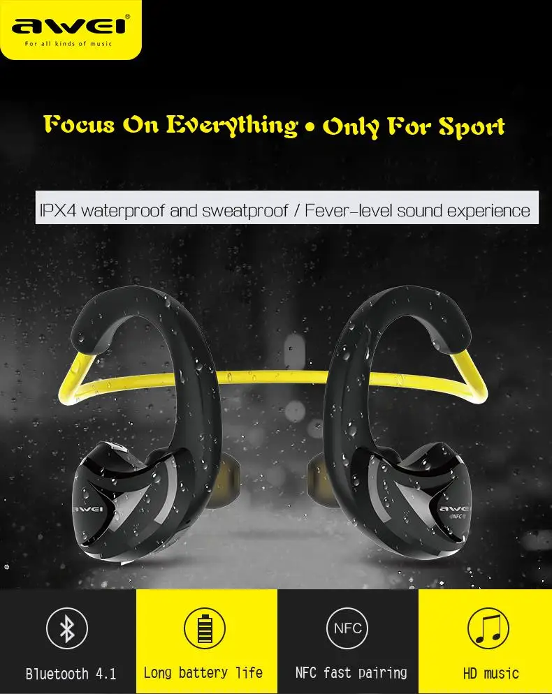 Awei A880BL, Bluetooth наушники для телефонов, беспроводные наушники с микрофоном, NFC, APT-X, Спортивная гарнитура для бега, спортзала, 10 часов, время прослушивания музыки