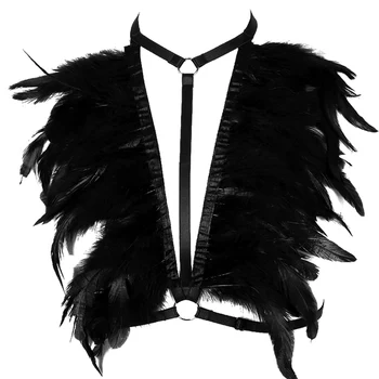 

Women Black Feather Harness Epaulette Cage Bra Body Bondage Angel Wing Adjust Crop Tops Hollow Out Goth Festival Rave Lingerie