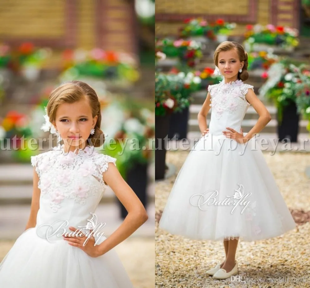 White High Neckline Tea Length Ball Gown Cape Sleeves Lace 2017 Floral Flower Girl Dresses Beaded Vintage Pink 3D Flowers | Свадьбы и