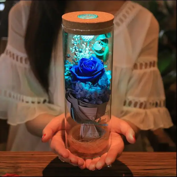 

LED Flashing Luminous Dried rose flowers Eternal Fresh Flowers Wedding Romantic Decor Valentine'S Day Gift Wishing bottle 05273