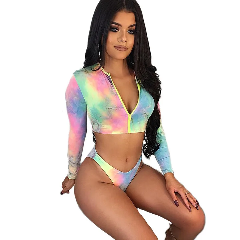 Sexy Summer Beach Two Piece Sets Women Long Sleeve Zipper Crop Tops and Shorts Set Club Wear Bikini 2 Matching Outfits | Женская одежда