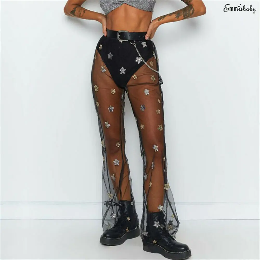 

Trendy Hot Summer Women Shinny Flower Sequined Stitching High Waist See Through Wide Leg Mesh Summer Beach Long Cover-Ups Pants
