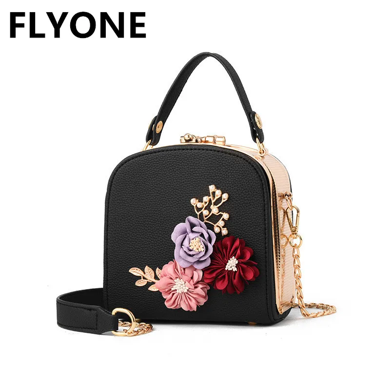 

Embroidery Flower Flap Women Handbags Casual Mini PU Leather Frame Handbag Small Functional Chains Shoulder Bags Sweet Tote Bag