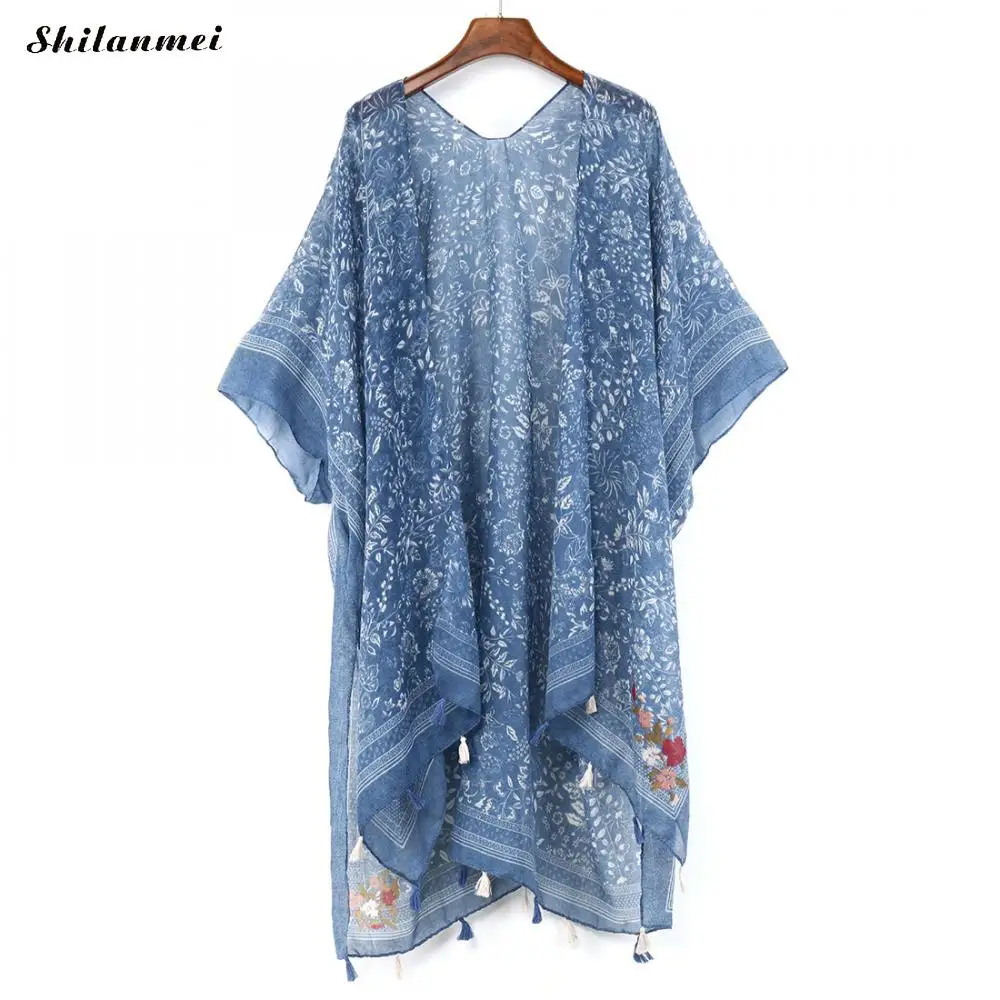 Boho кимоно Mujer Летняя Пляжная Цветочная рубашка с кисточками для женщин винтажное кимоно длинный кардиган Feminino блузка с принтом богемные Топы