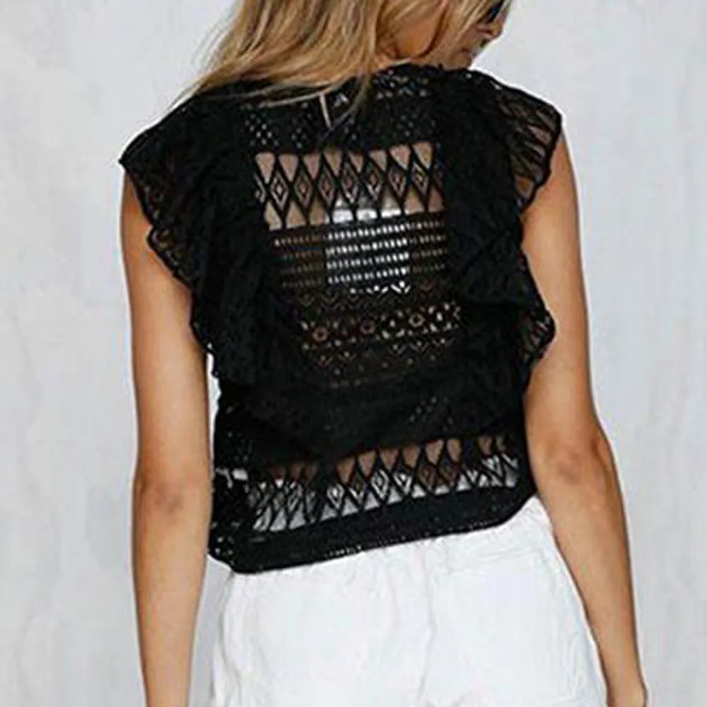 Women Summer Boho Sexy Solid Ruffle Trim Lace Cami Top Summer solid color lace vest top Women Summer Boho Sexy Solid Ruffle Trim Lace Cami Top Summer solid color lace vest top