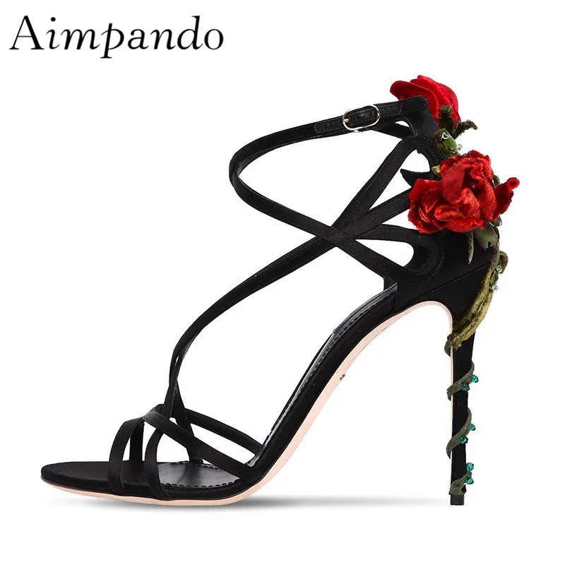 

Handmade Rose Flower Vines Gladiator Sandals Women Ankle Strappy Luxury Satin Wedding Shoes Flower Crystal Summer Shoes