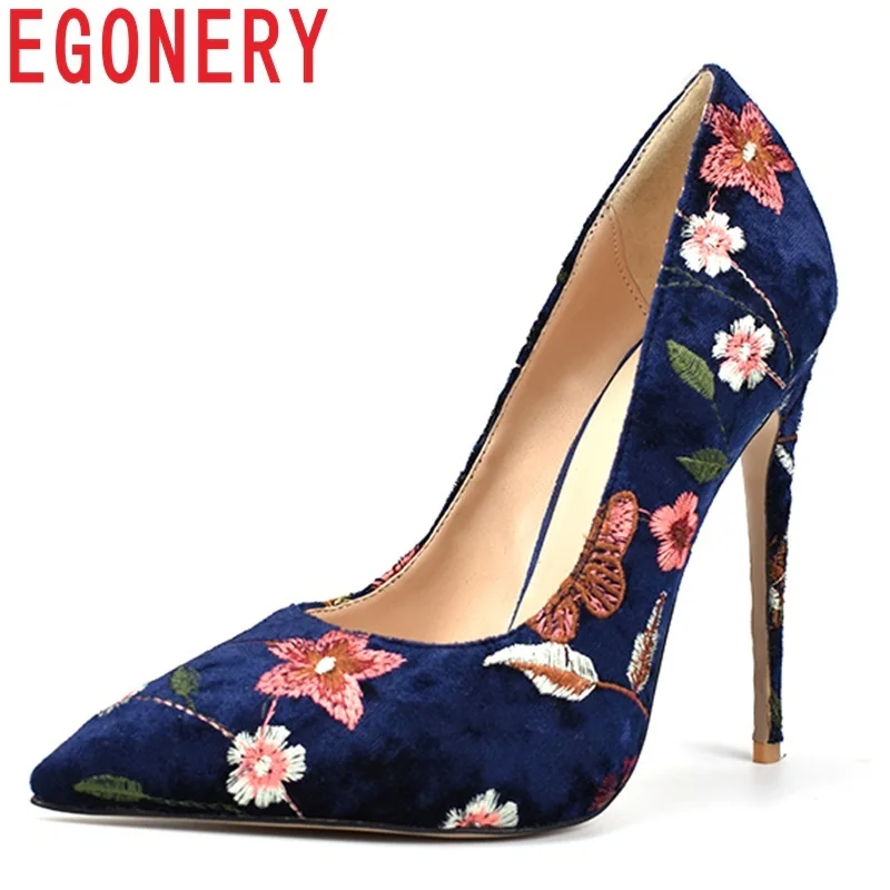 

EGONERY 2019 spring new fashion elegant embroider party women pumps 12 cm thin heels pointed toe shallow plus size women shoes
