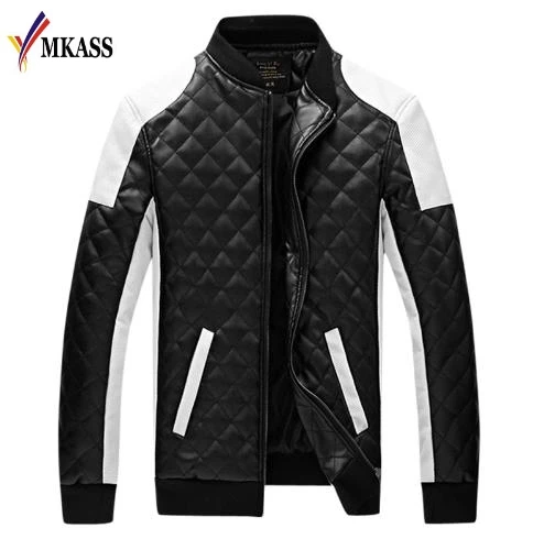 MKASS 2017 New Brand  Mens Winter Jackets Casual Fashion Plaid PU Leather Jacket Men jaqueta de couro Black White Plus Size 5XL