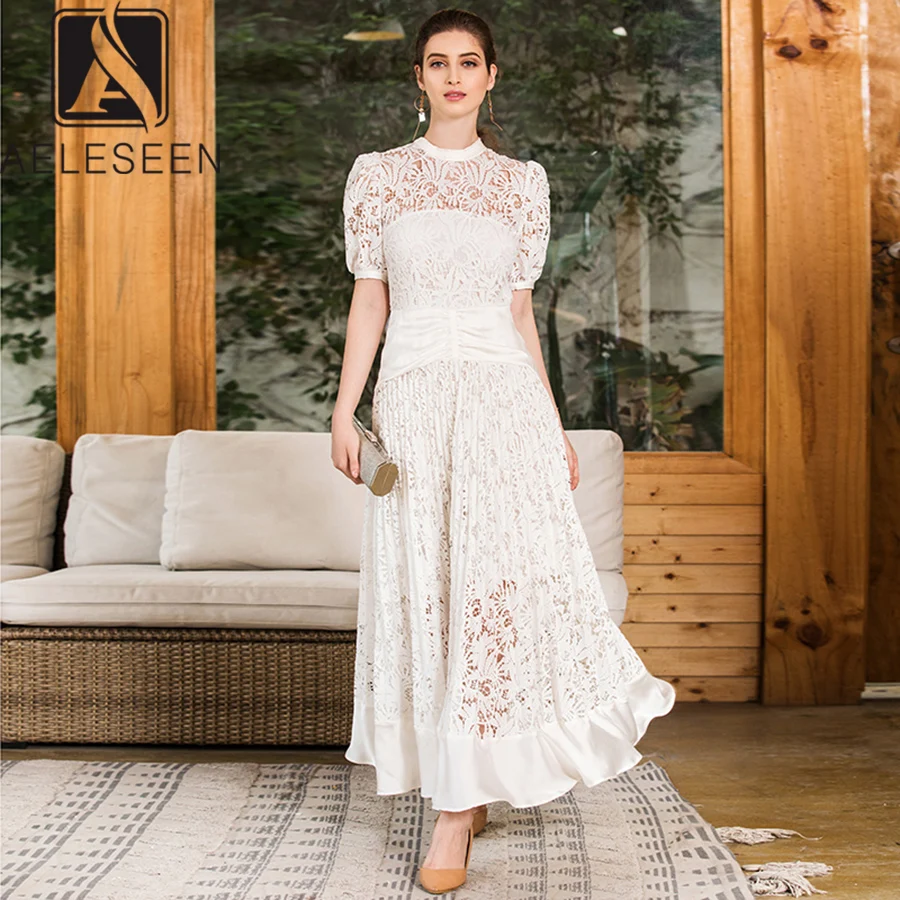 

AELESEEN Elegant White Dresses 2019 Summer Fashion Puff Sleeve Luxuries Pleated Hollow out Patchwork Lace Long Dress Party Women