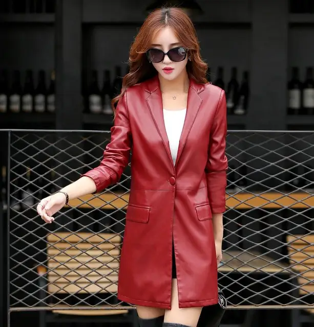 Casual Women Long Leather Coat 2018 Spring And Autumn One Button