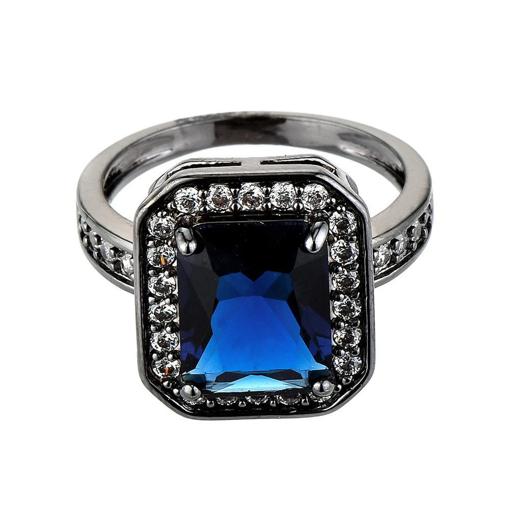 

New Fashion Luxury Black Gold Color Ring Sets Princess Cut Blue Cubic Zirconia Ring For Women & Men Full Size Wholesale KCJZ008
