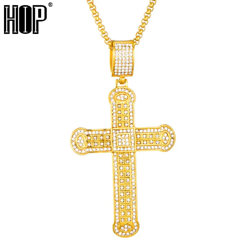 

HIP Hop Bling Ice Out Gold Cross Pendant Crucifix Pendants & Necklaces 316L Stainless Steel Necklace for Men Jewelry 60cm Long