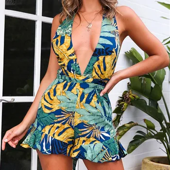 

Women Backless Bodysuits Summer Sexy Beach Loose Jumpsuit Deep V-Neck Print Sling Rompers Floral Women Playsuit