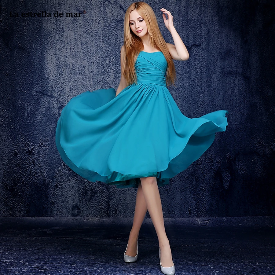 

La estrella de mar vestido madrinha 2019 new chiffon one shoulder Backless A Line peacock blue bridesmaid dresses Tea Length